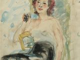 painting of a woman sitting on a chair holding a bottle of wine