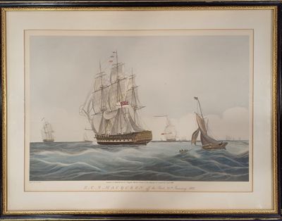 un vieux tableau représentant deux navires en pleine mer, avec un bateau au premier plan