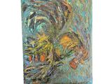 peinture abstraite représentant un coq sur fond bleu