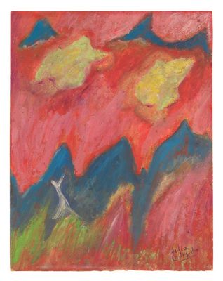a painting of a bird flying over a mountain range