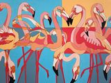 painting of a group of pink flamingos standing in a row