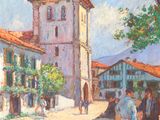 painting of a street scene with people and a building in the background