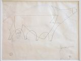 drawing of a cow and calf in a white frame on a wall