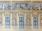 dessin représentant un grand bâtiment sur lequel sont accrochés de nombreux tableaux