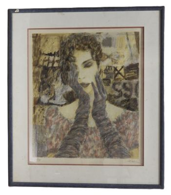 painting of a woman holding her hands to her face in front of a window