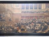 tableau représentant un grand groupe de personnes assises dans une grande pièce