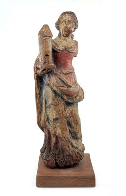 "Sainte Barbe" Sculpture en bois peint en polychromie.