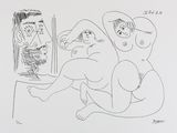 un dessin représentant un homme et une femme assis sur un lit