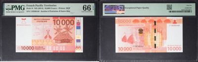 three different types of currency are on display in a display case