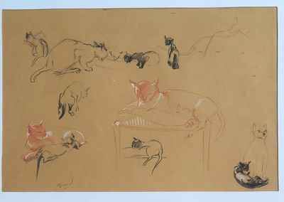 un dessin représentant un groupe de chats assis sur une table