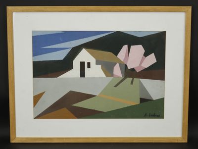 tableau représentant une maison avec un arbre au premier plan et une colline à l'arrière-plan