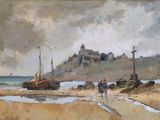 tableau représentant des personnes marchant sur une plage avec des bateaux dans l'eau