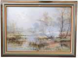 an image of a painting of a river with trees in the background