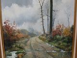 painting of a dirt road in a wooded area with trees in the background