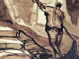 a drawing of a man in a boat on the water