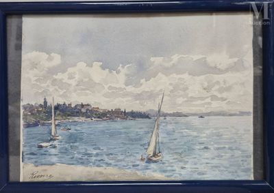 a painting of sailboats on the water in a blue frame