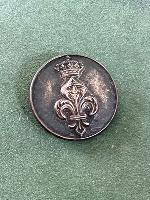 une image représentant un bouton en métal orné d'une couronne