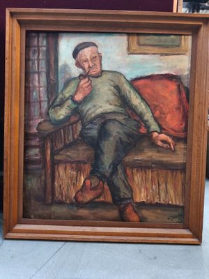 un tableau représentant un homme assis sur un canapé dans une pièce