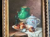 painting of a still life with a green vase and a plate of pastries
