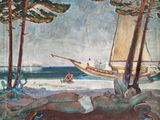 un tableau représentant un homme allongé sur une plage, avec un voilier en arrière-plan
