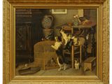 tableau représentant deux chats jouant avec une cage à oiseaux dans un salon