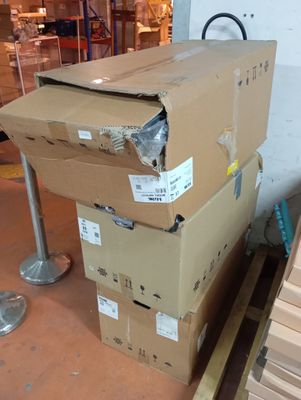 boxes stacked on top of each other on a pallet in a warehouse