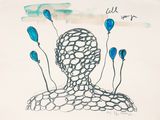 an image of a drawing of a man with blue balloons in his head