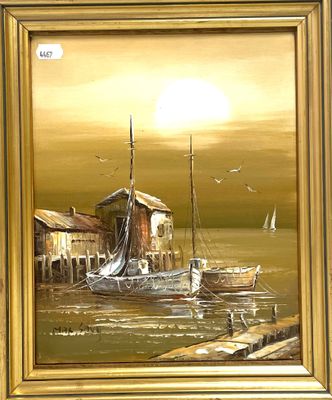 une peinture représentant un bateau dans l'eau près d'un quai