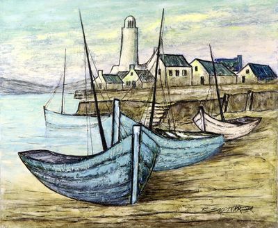 un tableau représentant des bateaux sur la plage, près d'un phare