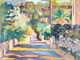 une peinture représentant une peinture d'une rue avec des arbres et des buissons