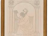 an old picture of a man sitting on a throne holding a book