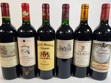 six bouteilles de vin sont alignées sur une surface blanche