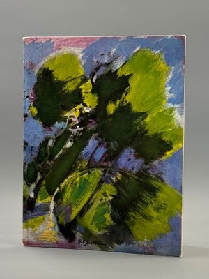 painting of green leaves in a vase on a white surface