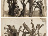 deux dessins en noir et blanc représentant des arbres avec des oiseaux