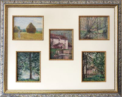 painting of a farm scene in a gold frame with a white background