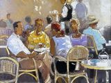 painting of a group of people sitting at a table in a restaurant