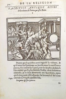 an old book with a drawing of a man being taken out of a building
