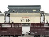 many train cars that are lined up on the tracks