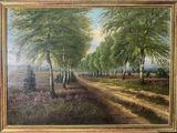 peinture à l'huile représentant une route de campagne avec une calèche au loin