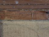 painting of an old wooden frame with writing on it and a piece of burlock on the bottom