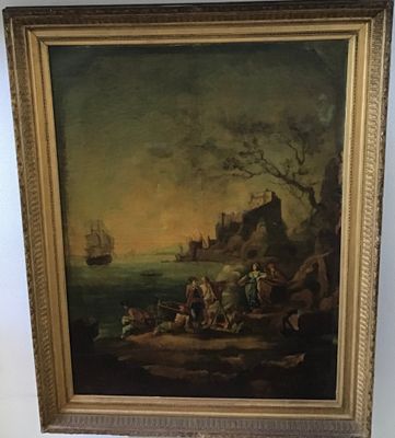 Fin XVIII, grande huile sur toile, scène portuaire animé au …