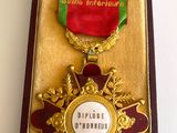 a gold medal with a red ribbon in a case