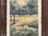 an oil painting of a field of yellow flowers in a wooden frame