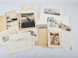 several old photographs and postcards are arranged on a white surface