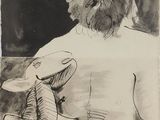 dessin représentant un homme barbu assis sur une chaise avec un chien
