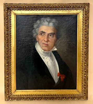 portrait of a man in a black suit with a red rose in his lapel