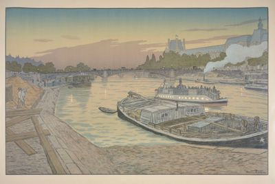 une image d'un tableau représentant un bateau sur l'eau