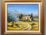 une peinture à l'huile représentant une maison dans un champ, avec des arbres et des montagnes en arrière-plan