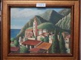 une image d'une peinture d'une ville au bord de l'eau
