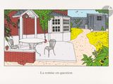 a picture of a drawing of a patio with a table and chairs